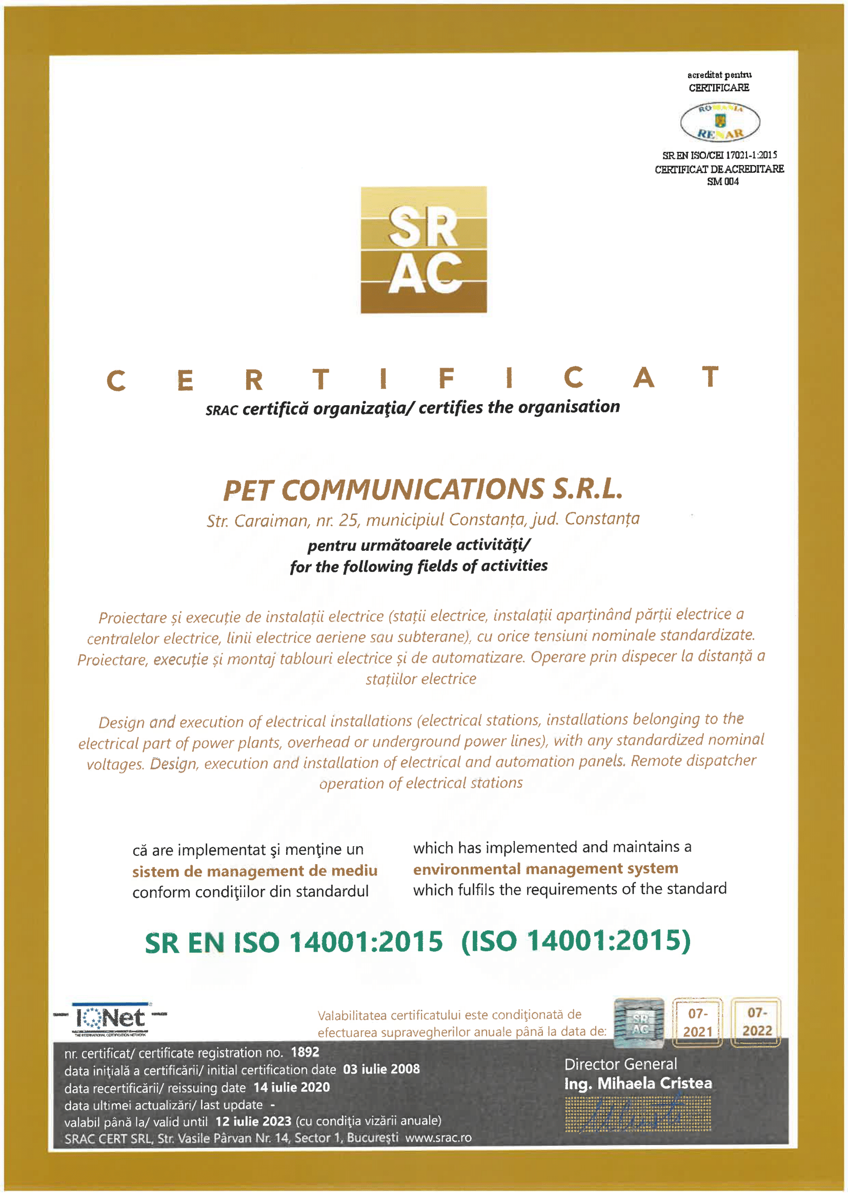 Certificat ISO 14001:2015